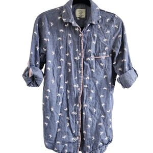 Chambray Button-Up Shirt with Unicorn Print